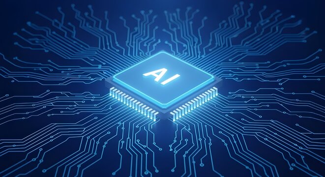 Futuristic glowing ai chip at the center of a blue digital circuit board network - Powered by Adobe