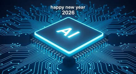 Futuristic ai chip glowing with neon blue light on a circuit board with happy new year 2028 text