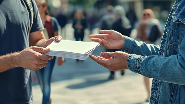 Man handing out flyers on a busy city street, offering information.