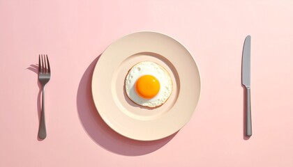 Minimalist breakfast with a single fried egg on a pink background