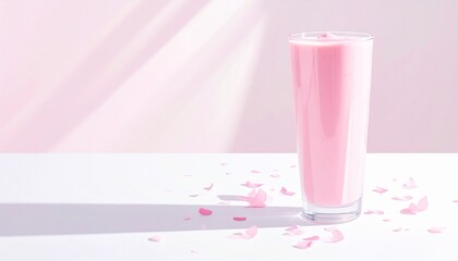 Elegant pink beverage with delicate petals on a sunlit surface