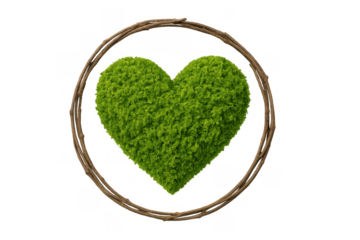 Green moss heart shape in a natural twig wreath, symbolizing eco friendly love, nature conservation, and environmental care