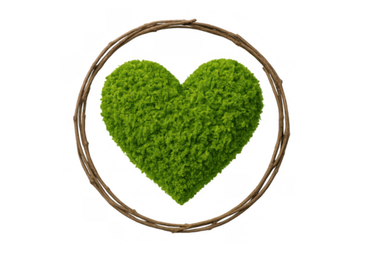 Green moss heart shape in a natural twig wreath, symbolizing eco friendly love, nature conservation, and environmental care - Powered by Adobe