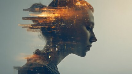 Silhouette of a woman with city lights superimposed on her face, set against a muted background.