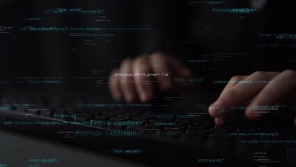 A programmer hands typing on a keyboard, surrounded by digital text elements that illustrate concepts in technology and software development, capturing the essence of coding. Xenic