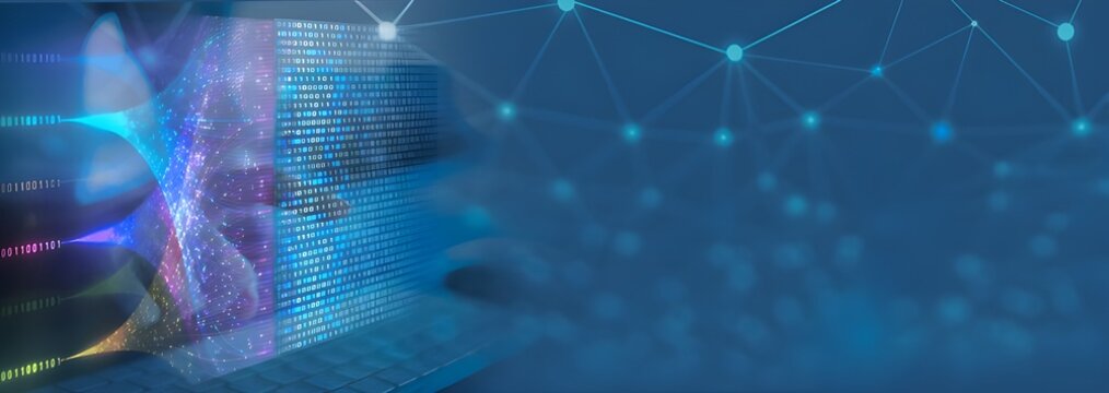 Abstract digital network connections and glowing lights overlaying a futuristic human silhouette - Powered by Adobe