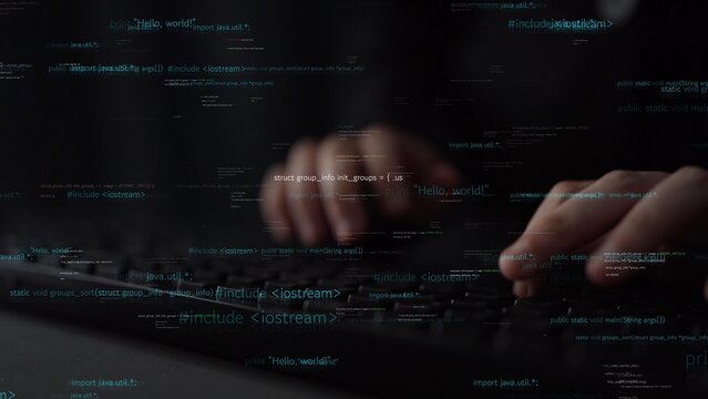 A programmer hands typing on a keyboard, surrounded by digital text elements that illustrate concepts in technology and software development, capturing the essence of coding. Xenic
