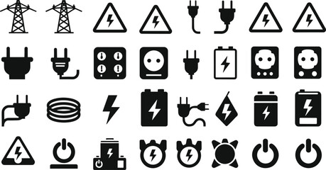 Electricity icons collection with towers, plugs, sockets, batteries, lightning warning signs, coiled cables, power buttons, black and white vector energy symbols artwork
