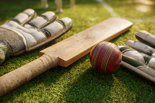 Cricket equipment arranged on the grass at a sunny day in the playing field - Powered by Adobe