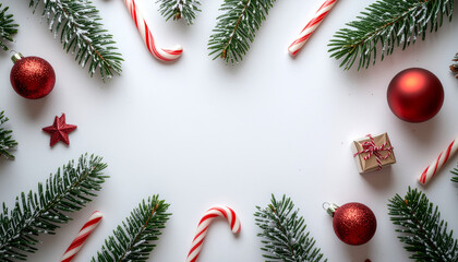 Cute holiday-themed flat lay composition made from evergreen fir branches, shiny baub 