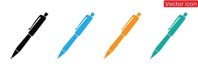 Set of Ball Pen template flat and line icons on transparent background, flat design vector illustration, office supplies concept,Modern pens in vibrant colors for writing and design,