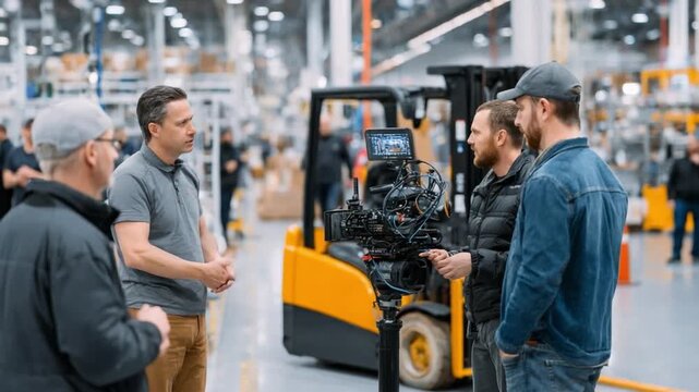 Industrial Dialogue: A group of professionals engage in a focused discussion on the factory floor, a forklift adding scale to the environment.