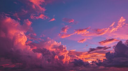 Fototapeta premium A vibrant sunset sky with pink and purple hues, scattered clouds, and a dramatic contrast between the dark blue sky and the warm colors of the clouds.