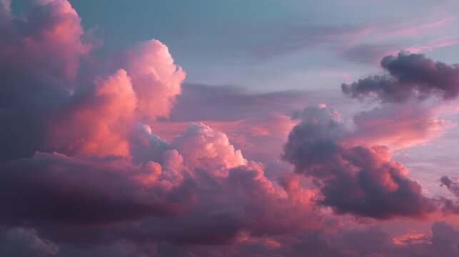 Pink and blue clouds in a vibrant sky at sunset, with a pinkish hue dominating the scene.