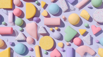 A colorful, abstract pattern of pastel-colored geometric shapes and objects on a light purple background.