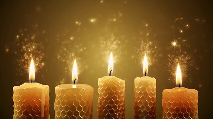 Five lit candles with textured surfaces against a shimmering golden background, creating a warm and inviting atmosphere.