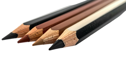 Four colored pencils, varying shades of brown and black, angled on a black surface, showing pencil tips