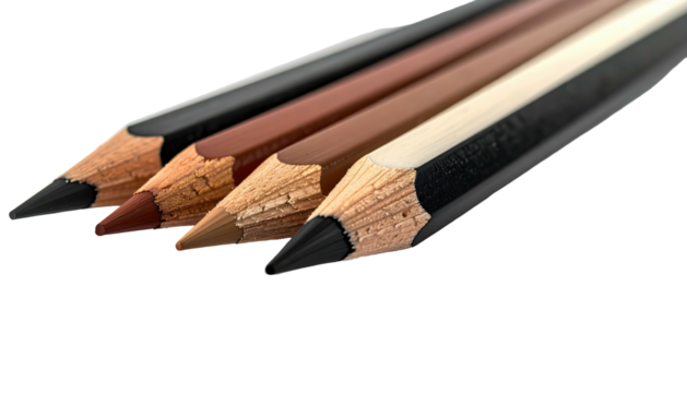 Four colored pencils, varying shades of brown and black, angled on a black surface, showing pencil tips