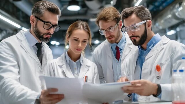 Collaborative Minds in Lab: A team of dedicated scientists and researchers, clad in lab coats, huddle together in a modern laboratory. Deep in concentration.