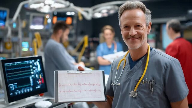 A Medical Professional in Hospital: A seasoned medical professional confidently presents the crucial information in a dynamic hospital environment, exuding expertise and care. 