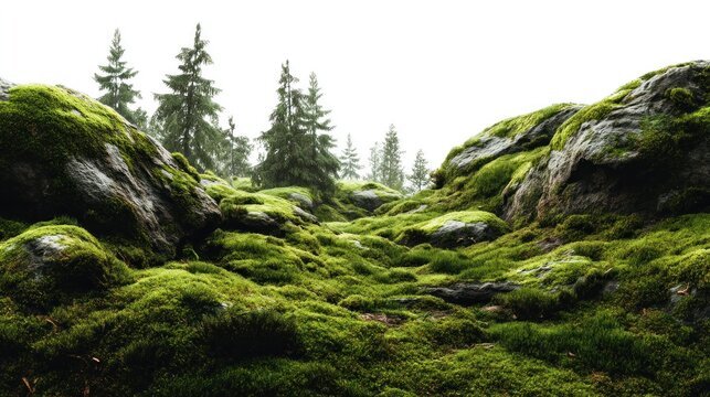A misty forest floor covered with lush green moss and large, rocky outcroppings, with a few tall evergreen trees in the background.