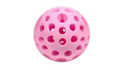 Pink sphere with repeating circular holes against a black background