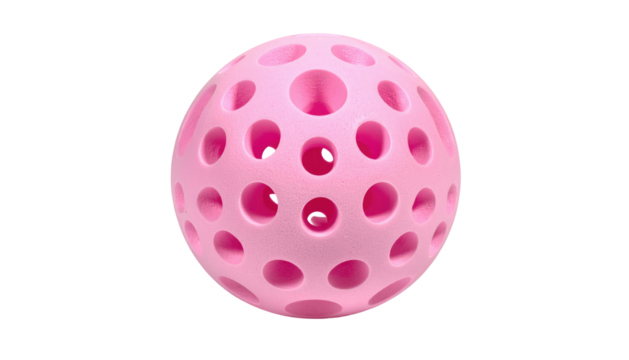 Pink sphere with repeating circular holes against a black background - Powered by Adobe