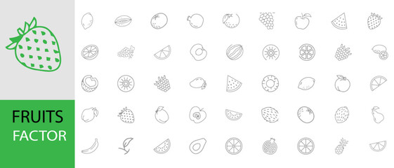 Hand-drawn vector fruit icon collection featuring outlined symbols of popular fruits like pomegranate, pineapple, watermelon, and more for health, wellness, and design projects