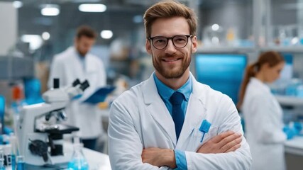 Scientific Confidence: A confident scientist in a lab coat, radiates expertise. Capturing the essence of scientific dedication and intellectual curiosity.
