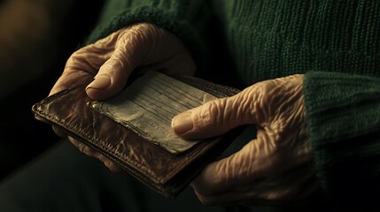 Close up of elderly hands holding old wallet with emotional depth
