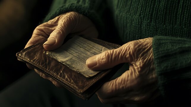Close up of elderly hands holding old wallet with emotional depth