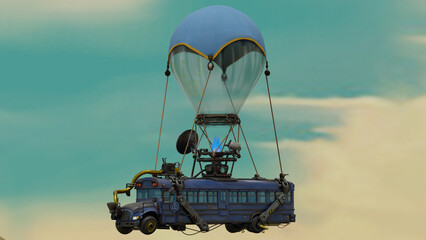 Unique flying bus with balloon in vibrant sky