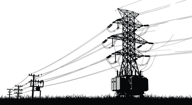 High voltage transmission tower with transformer, utility poles carrying electrical lines vector illustration, black and white silhouette artwork, energy distribution infrastructure design