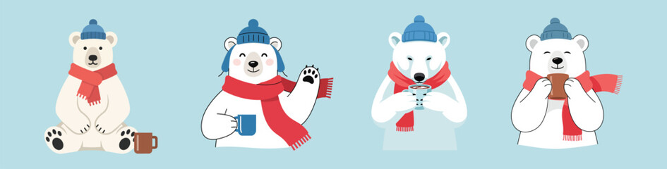 Collection of cute cartoon polar bears with red scarves and blue hats holding hot drinks