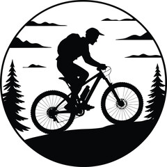 Fototapeta premium Man riding a mountain bike through wild nature silhouette