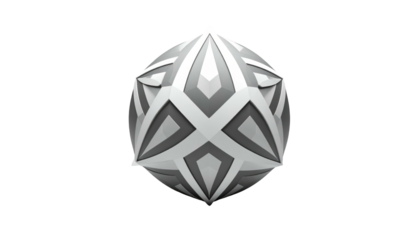 Shiny, multi-faceted silver gem with repeating diamond and cross patterns, isolated on a stark black background