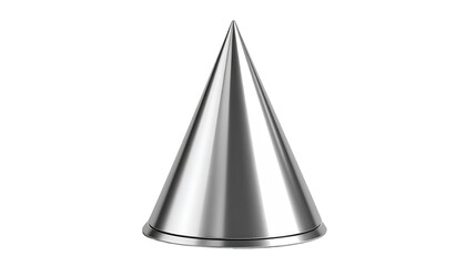 Shiny silver cone, reflective surface, against black. Modern, geometric and simple, creating a sleek and minimalist effect