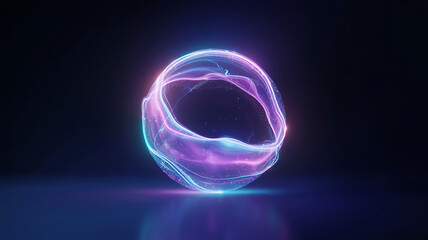 Abstract glowing sphere with particles and light trails in purple and blue hues