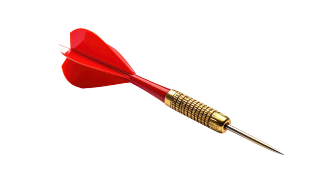 A single red dart with a gold grip and silver tip, isolated against a solid black background - Powered by Adobe