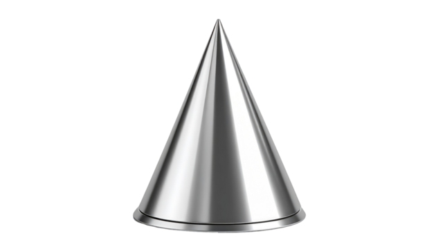 Shiny silver cone, reflective surface, against black. Modern, geometric and simple, creating a sleek and minimalist effect
