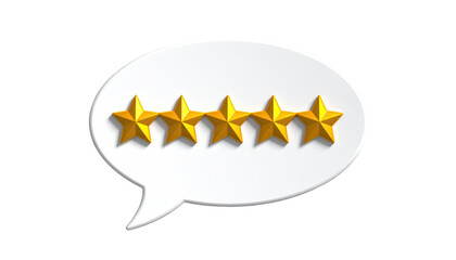 Five golden stars displayed within a white speech bubble with a dark shadow, set against a solid black backdrop