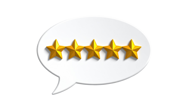 Five golden stars displayed within a white speech bubble with a dark shadow, set against a solid black backdrop