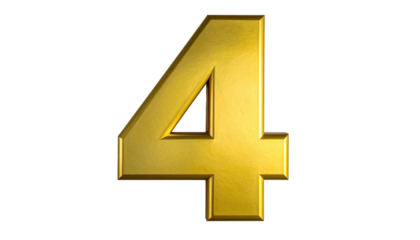 Gleaming golden number four rendered with shadows, isolated on black for use in designs