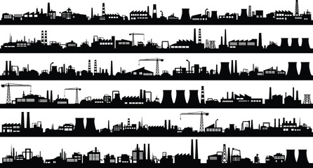 Industrial skyline silhouette vector illustration, factories smokestacks cooling towers cranes oil rigs manufacturing plants, urban infrastructure energy production system design artwork © MDBENJIR