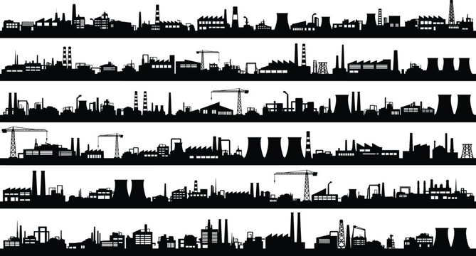 Industrial skyline silhouette vector illustration, factories smokestacks cooling towers cranes oil rigs manufacturing plants, urban infrastructure energy production system design artwork