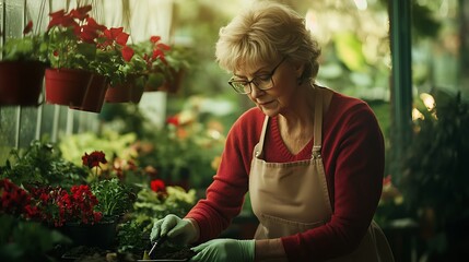 Senior woman tending plants in bright greenhouse with vibrant flowers
