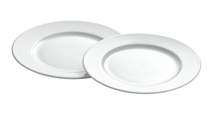 Two white, round, empty plates are slightly overlapping on a plain background with soft shadows