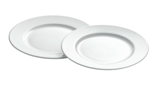 Two white, round, empty plates are slightly overlapping on a plain background with soft shadows