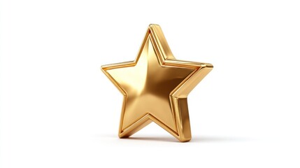 Obraz premium A shiny, gold star with a glossy finish, standing upright on a white background with a subtle shadow cast on the ground.
