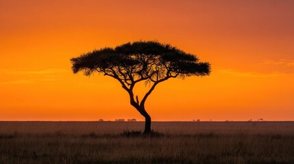 A solitary acacia tree stands against a vibrant orange and red sunset sky, casting a silhouette against the horizon. 